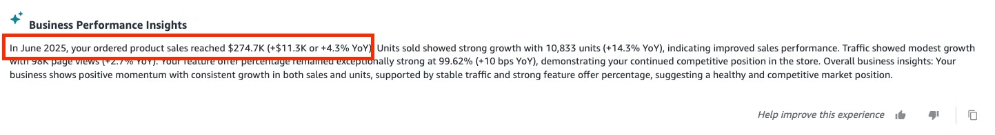 Amazon Business Performance Insights showing revenue growth and market position