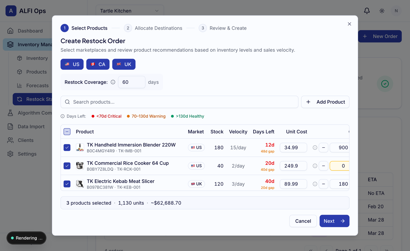 Restock wizard step 1: product selection with velocity-based quantity recommendations and stockout warnings